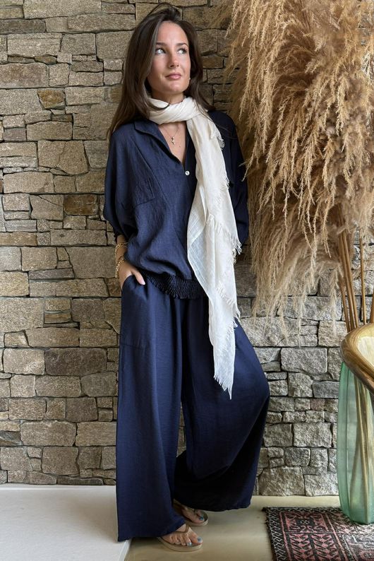 Basso Button Drape Batwing Shirt Navy